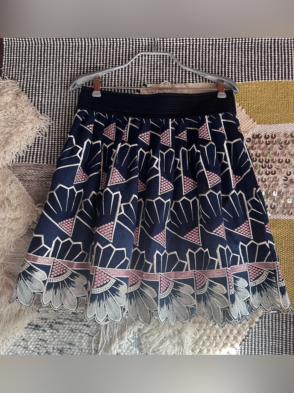 Navy and Pink Floral Trim Skater Skirt